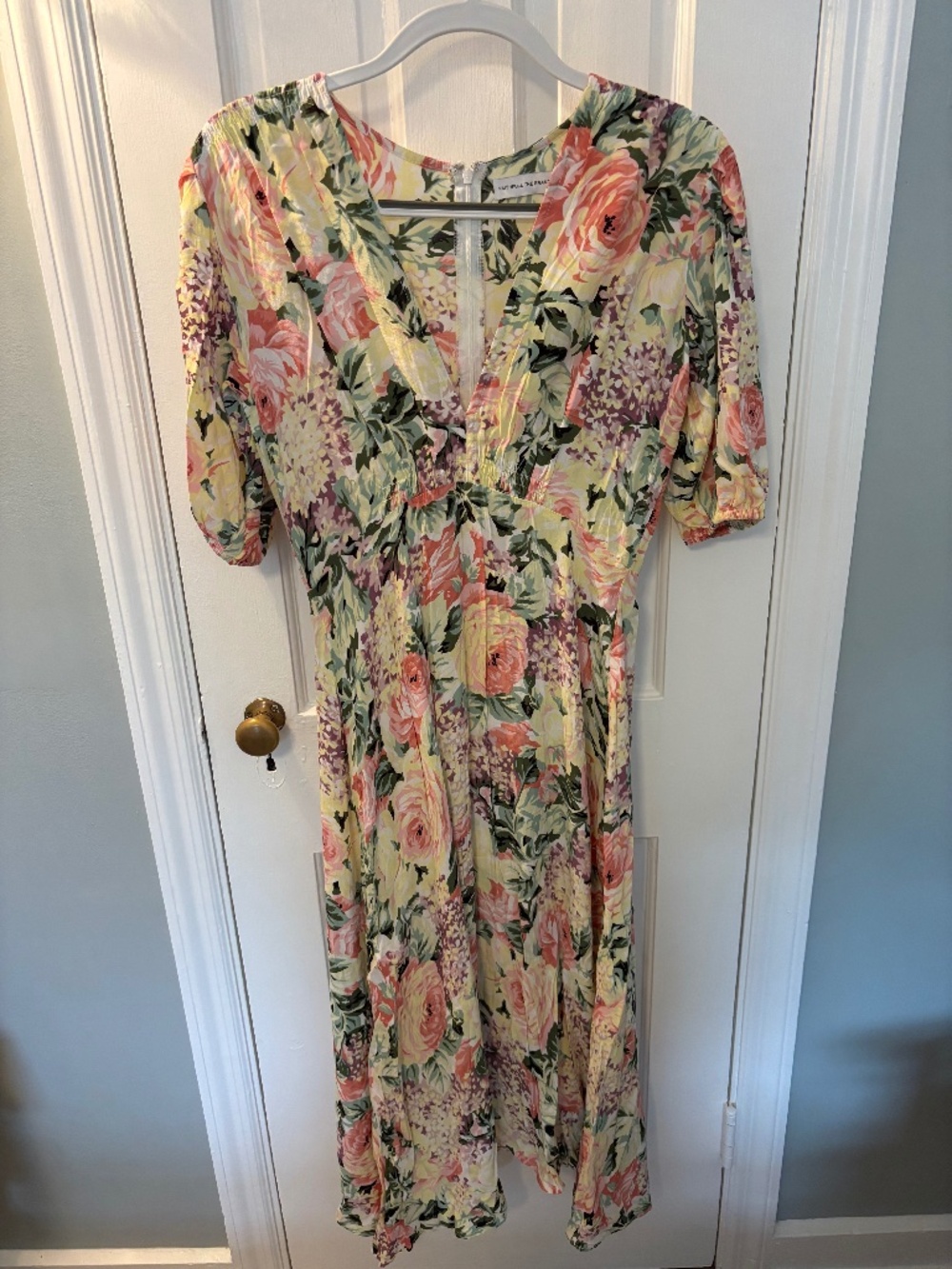 Faithfull the Brand Midi Dress Vittoria Yellow Floral V-neck Dress - Size Medium